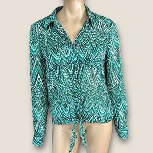 Charter Club Long Sleeves Button Up Sheer Chiffon Top Blouse Size M Green